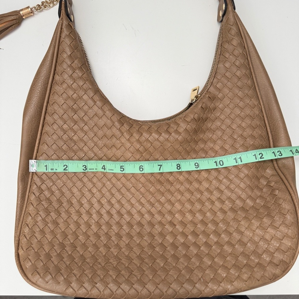 Woven Hobo Bag Tan Faux Leather Shoulder Bag Tassel Accent Boho - Picture 10 of 10